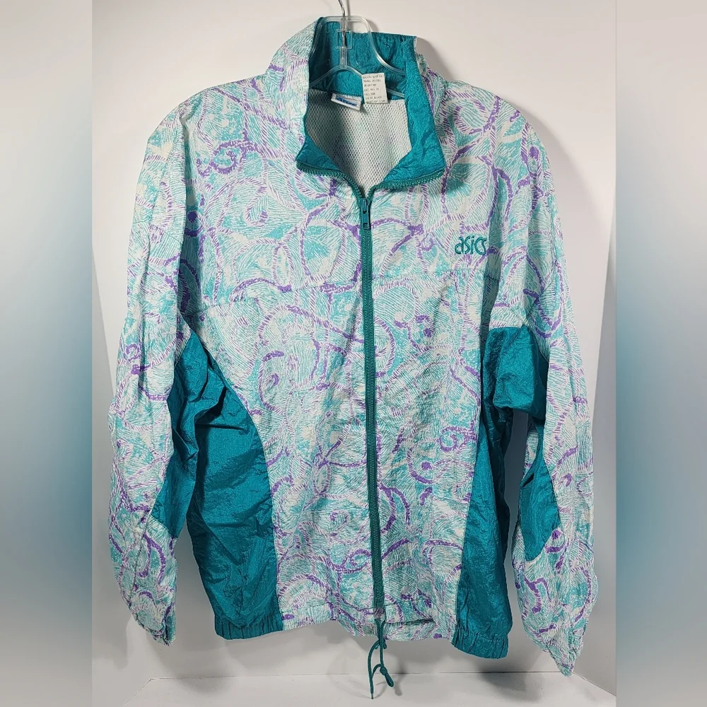 VINTAGE ASICS Womens Lightweight Windbreaker Running Full-Zip Large Green Tribal - Picture 1 of 11